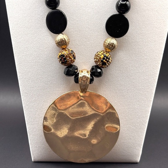 Jules & Leopold Jewelry - Vintage Gold Black Chunky Necklace Hammered Pendant Resin Crystal Beaded Jules